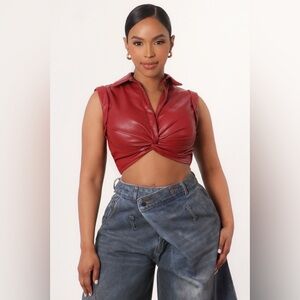 Women's Red Sleeveless Faux Leather Top